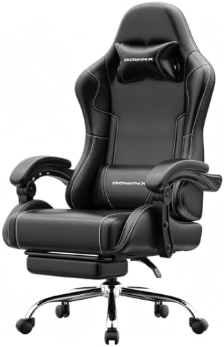 Dowinx Gaming Chair with Footrest, 330lbs Computer Chair 2D Lift Linkage Armrest, Massage Lumbar, Height Adjustable Ergonomic Comfy Video Game Chairs for Home Office Streaming, Long Gaming, Black