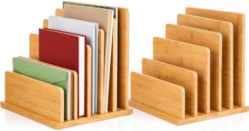 Gilprop 2 Pack 5 Slots Bamboo File Organizer, 7.9 × 7.78 × 9.5 Inches Desk Mail Organizer Countertop, Paper Letter Envelope Sorter Holder for Home Office Document Storage