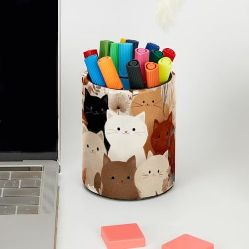 Leather Pen Holder for Desk, Colored Cats Pattern Pencil Cup Pen Organizer Makeup Brush Holder for Office Home Kids Countertop Desk Accessory Storage
