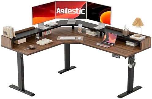 Agilestic 63 Inch L Shaped Electric Standing Desk with Shelf, Dark Walnut