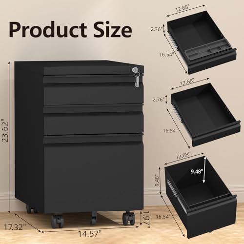 3 Drawer File Cabinet on Wheels,25.6" H Black Filing Cabinet with Lock,Under Desk Metal File Cabinet for Home Office Organizer Letters/Legal/A4(Fully Assembled) (Black)