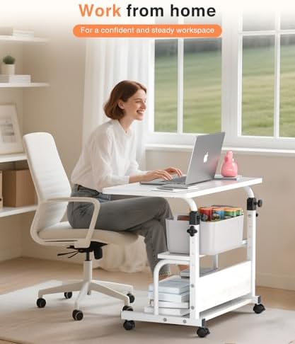 QZMDSM Portable Desk with Wheels Small Standing Desk on Wheels Adjustable Height Rolling Desks for Small Spaces, 32" Computer Desks with Storage Shelves for Home Office Study White