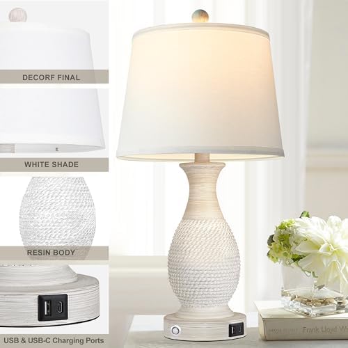 PARTPHONER Set of 2 Table Lamps with USB C+A Fast Charging Ports, 26" Tall Farmhouse Living Room Lamp with 3-Way Dimmable Nightstand Lamp White Fabric Shade for Living Room Bedroom Home Office
