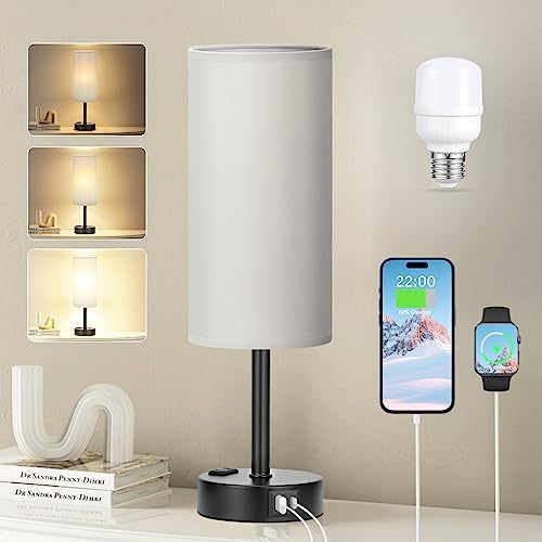 Fenmzee Grey Bedside Lamp for Bedroom, Dimmable Touch, USB A+C, AC Outlet