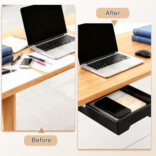 10.91"x 8.23" Under Desk Drawer Storage Organizer, Durable PC Material Self-Adhesive with Slide Out Rail, Hidden Hanging Desk Drawer for Office Supplies, Stationery, No Drilling Install, Black