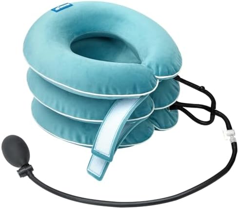 S Cervical Neck Traction Device for Neck Pain Relief - Inflatable Neck Stretcher Traction Collar for Neck Decompression - Best Home Use Neck Brace Pump (Blue Plush)