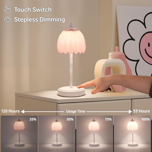 Shenmoyl Rechargeable Table Lamp with 5200mAh Battery & Touch Control - 3 Adjustable Color Temperatures, Cordless Dimmable Table Light for Bedroom, Office Desk, Nightstand(Creamy Pink, 1 Pack