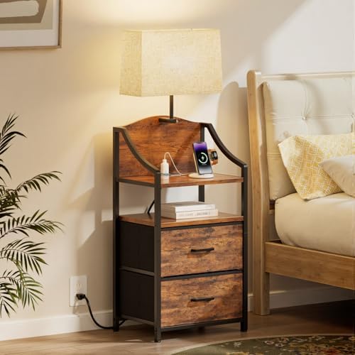 Evermagin 45" Tall Nightstand with Charging Station & Light, Rustic Brown