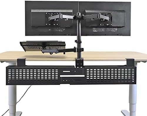 AEONS Dual Monitor and Laptop Desk Mount Combo Stand with Notebook Tray fits 17 inch, 3-in-1 Adjustable Triple Arm Mount fits 27 inch LCD Screen with VESA, Clamp and Cable Management, Black
