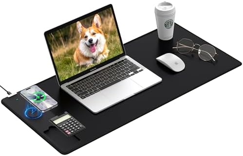 Mouse Pad 31.5x15.75 Inch with Calculator, 15W Magnetic Wireless Charging Desk Mat, XXL Desk Pad, Home Office Large Keyboard Pad with Ultra-Smooth Surface, Non-Slip Base (Black)