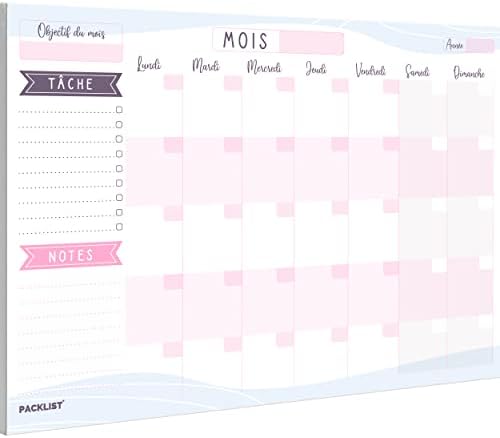 PACKLIST® Undated Monthly Planner Desk Pad (8.3x11.7 in) – Tear-Off Monthly Calendar Notepad – 100 GSM Paper Schedule Organizer with Objective for the Month, To-Do List & Notes for Office, Home, Study (FRENCH
