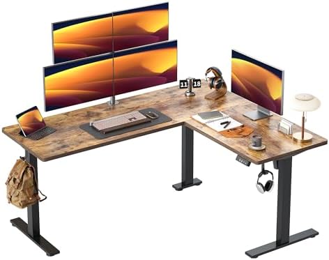 TIQLAB 63 x 55 inch L Shaped Standing Desk Adjustable Height, Electric Corner Standing Desk, Sit Stand Computer Table with Splice Board, Rustic Brown