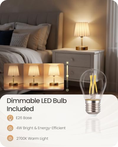 Small Bedside Table Lamps Set of 2, Touch Dimmable Table Lamps with USB Ports, Nightstand Lamps with 2 Stepless Dimming LED Bulbs, E26 Base, for Bedroom, Study, Gold and White DW16TLP205