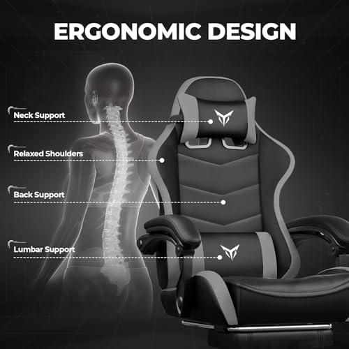 GTPLAYER Gaming Chair for Adults, Big and Tall 300LBS Heavy Duty Office Chair with Footrest, Ergonomic High Back Lumbar Support and Wide Comfy Cushion with Linkage Armrests for Home Office, Grey