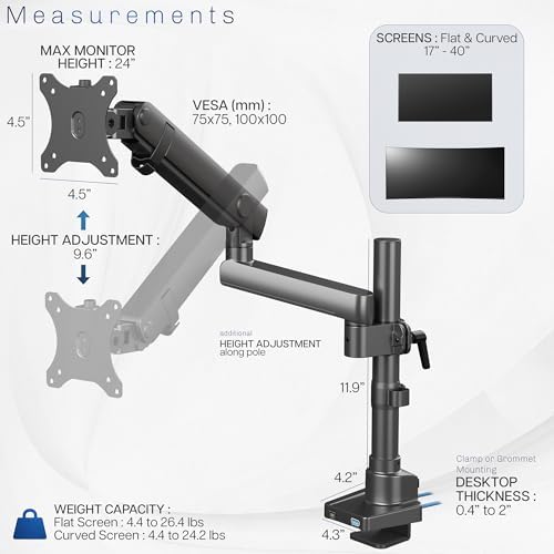 VIVO Premium Aluminum Full Motion Single Monitor Desk Mount Stand with Lift Engine Arm, Pole Extension, and USB Ports, Fits Screens up to 40 inches, STAND-V101BDU