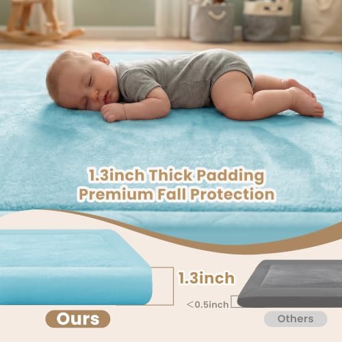 ACOMOPACK Baby Play Mat for Floor 1.3" Thick Memory Foam Play Mat 79"×118" Tummy Time Crawling with Non-slip Bottom for Living Room,Nursery,Soft Velvet Playpen Mats for Kids,Infants（Light Blue）