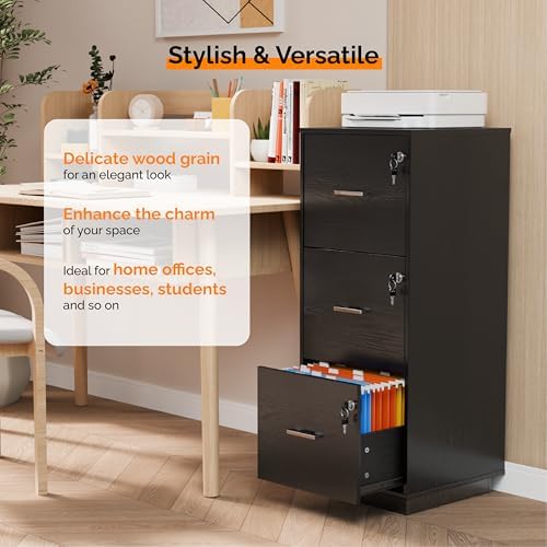 VINGLI 3 Drawer File Cabinet with Lock, Home Office Filing Organizer, for Letter Size File Folder Storage, Wood Tall Vertical Filing Cabinet, Printer Stand, Archivador (Black)