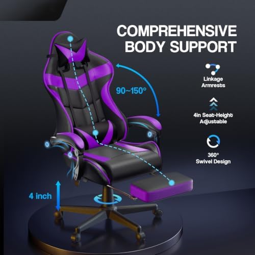 Huracan Gaming Chair with Footrest, Ergonomic Computer Chair Lumbar Support, Adjustable High Back Recliner for Adults, Racing Style Video Gaming Chairs, for Home Office Streaming, Purple
