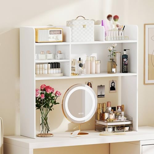 Tangkula Desktop Bookshelf for Computer Up to 32”, 37” Countertop Storage Hutch with 6 Storage Shelves, 3-Tier Desktop Organizer Display Rack, Wooden Desk Hutch for Dorm Home Office (White)