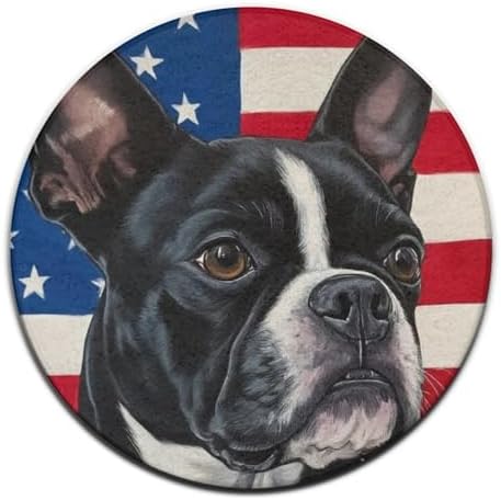 Large Round Area Rug Home Decor Modern Bathroom Rug Kitchen Office Circle Rug for Living Room Sofa Circle Cute Mat American US Flag Boston Terrier, 60inch