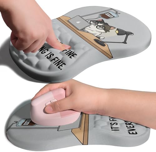 Ergonomic Joint Wrist Support Mouse Pad with Memory Foam Cushion Massage Bump, Carpal Tunnel Pain Relief Mousepad Slope Design for Wrist Rest, 11.8x7.9 in, Funny Coffee Cat