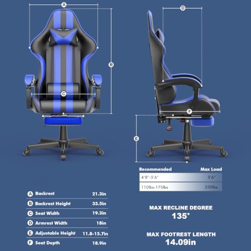 Huracan Gaming Chair with Footrest, Ergonomic Computer Chair Lumbar Support, Adjustable High Back Recliner for Adults, Racing Style Video Gaming Chairs, for Home Office Streaming, Navy