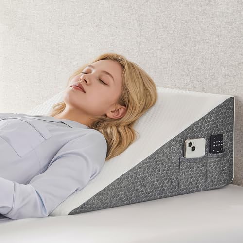 Yojoker Wedge Pillow for Sleeping - Bed Wedge Pillow for Headboard, High Density Foam Triangle Pillow for Elevated Sleeping, Snoring, Post Surgery Support, Back & Leg Elevation, White Grey, 7.5 Inch