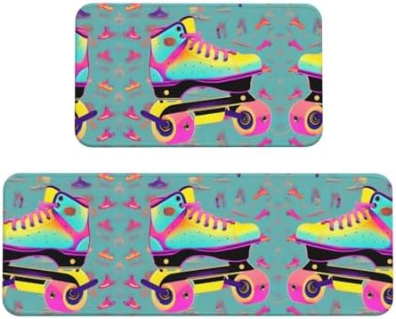 Colorful Roller Skates Print Kitchen Rugs Mats Sets,2pcs Absorbent Non-Slip Rug,Soft Comfort Floor Mat,for Hallway Office