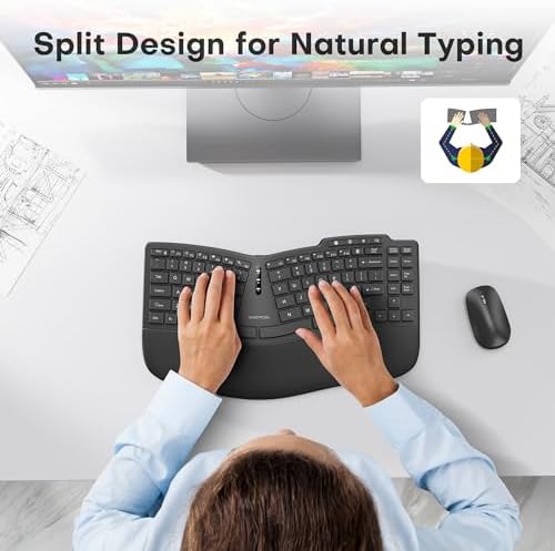 OMOTON Ergonomic Wireless Split Keyboard Compatible with Windows only, Cushioned Wrist Rest, Rechargeable, USB Connectivity, 2.4G Membrane Silent Keyboard, Classic Black