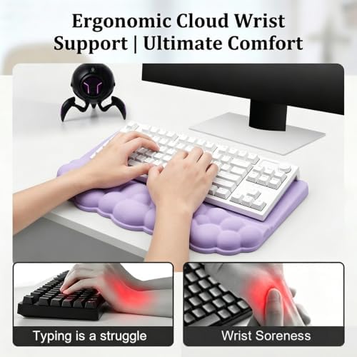Cloud Keyboard Wrist Rest Set, 3 in 1 Ergonomic Memory Foam Keyboard Stand Pad with Mouse Wrist Support & Cup Holder, Anti-Slip Desk Cushion for Office Gaming Typing Pain Relief, Purple