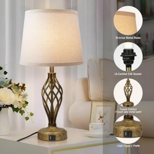 Ruiever Touch Table Lamps Set of 2, nightstand lamp with USB Ports Bedside 3 Way Touch dimmer Desk lamp for Living Room Bedroom,Antique Gold Spiral cage Base Design Warm White dimmer Bulbs Included.