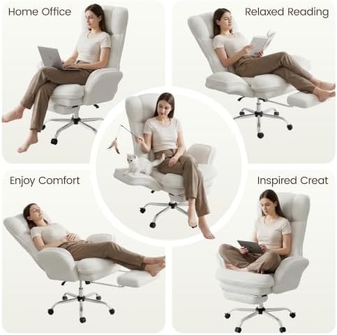 Criss Cross Office Chair with Flip Armrests, Big and Tall Criss Cross Chair with 6.7″ Plush Seat & Footrest, 135° Reclining Cross Legged Office Chair, Sherpa Fleece,White