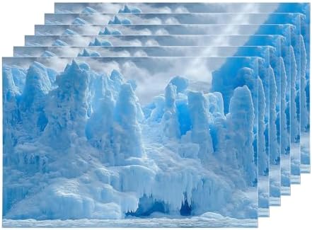 Shrahala Winter Icicle Blue Set of 6 12 X 18 Inch Linen Placemats, White Mist Snow Scene Burlap Table Mat Washable Double Layered Heat Insulation for Indoor/Outdoor