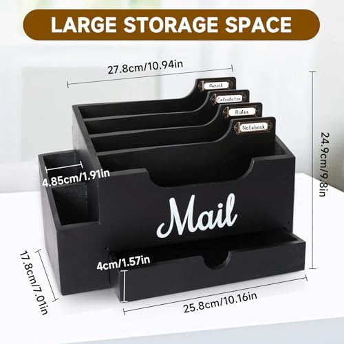 Wood Mail Organizer Countertop, with 6 Compartments and Drawer