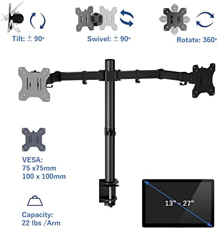 AEONS Dual Monitor Desk Mount Stand, Adjustable Dual Arm Mount fits up to 32 inch LCD Screen with VESA, Clamp and Cable Management, Black