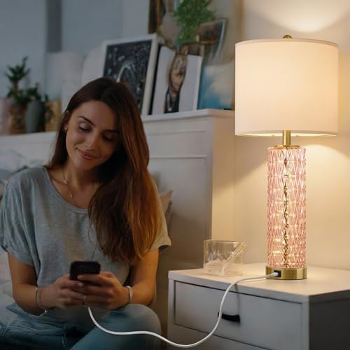 Oneach 27.75" Pink Table Lamps Set of 2 with Glass Nightlight for Bedside