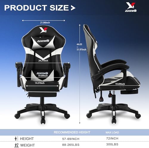 Ergonomic Gaming Chair, High Back PU Leather Office Chair with Footrest, Adjustable Lumbar Support & Headrest, 360° Swivel Computer Chair for Adults, White & Black