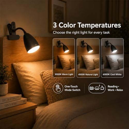 5000mAh Rechargeable Clip on Light, LED Reading Light, 3 Color Modes & Stepless Dimming, Cordless Reading Lamp with Clamp for Bed, Desk, Bedside Table, Camping