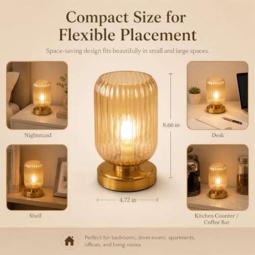 Cordless Glass Table Lamp, 3 Color Modes & Stepless Dimming, Amber