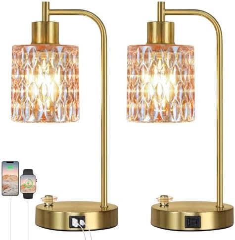 Table Lamps Set of 2, Champagne Glass Dimmable Bedside Lamps for Bedroom