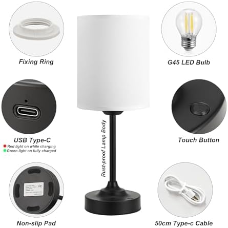 Touch Control Cordlss Table Lamp, USB-C Rechargeable Lamp with Stepless Dimming, 4000mAh Battery Operated Bedside Lamp for Bedroom, Living Room, Night Light & Emergency Lighting, Black, 1 Pack