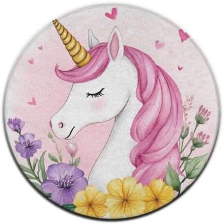 Large Home Decor Mat, Soft Round Yoga Carpet, Non Slip Machine Washable Kitchen Office Circle Rug Cute Pink Unicorns