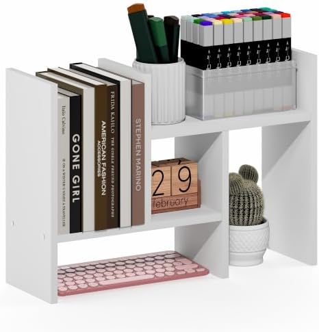 Furinno Classic Desk Organizer, Adjustable Desk Top Book Shelf, White