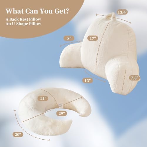 19" Reading Pillow for Bed,U Shaped Arm & Elbow Support,White Faux Fur