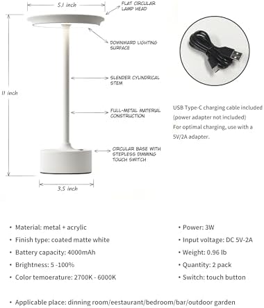 PUSU Rechargeable Table Lamps Set of 2, White Cordless Portable Desk Lamp