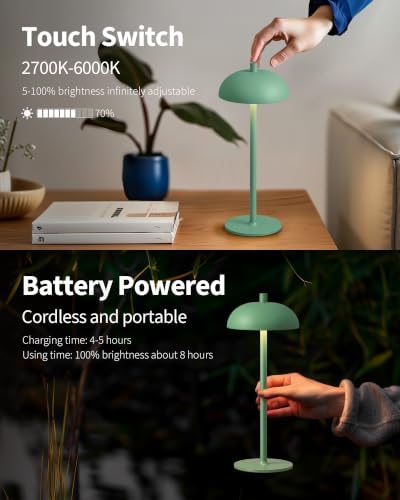 12" Cordless Table Lamps Set of 2, Green Modern Portable Desk Lamp