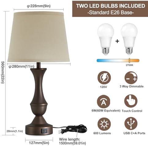 Luvkczc 22" Table Lamp Set of 2 - Vintage Brown Bedside Lamp