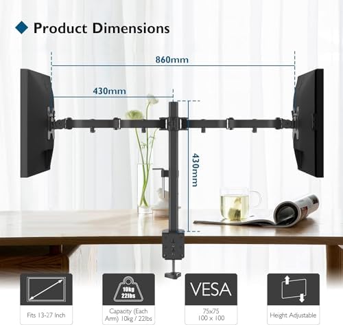 BONTEC Dual Monitor Desk Mount, 13-27 Inch, 22lbs, VESA 75x75/100x100,Black