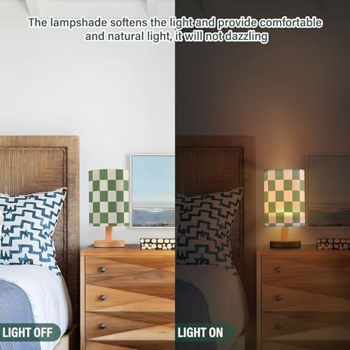Bedside Lamp Green White Checkered Pattern Table Lamp for Bedroom LED Nightstand Lamp Shade USB Ports Wood Base for Living Room Dorm Office