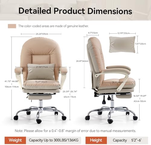 EMIAH Office Chair with Foot Rest Criss Cross Chair, Genuine Leather, Beige